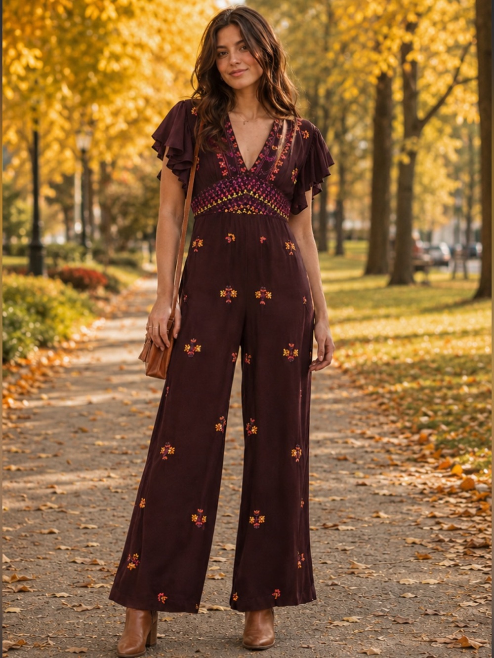 Free People  Embroidered Jumpsuit in Purple | Wide Leg Boho fall